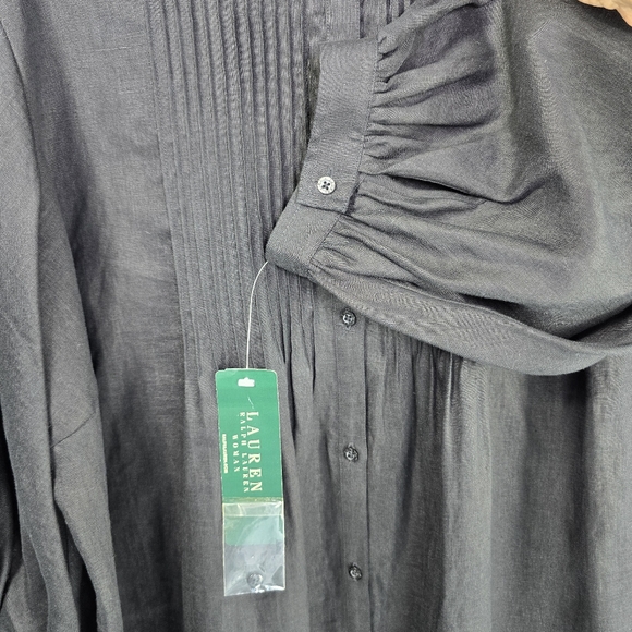 Lauren Ralph Lauren Pintuck Pleat Band Collar 3/4 Sleeve Linen Tunic Black 2X - Picture 6 of 10